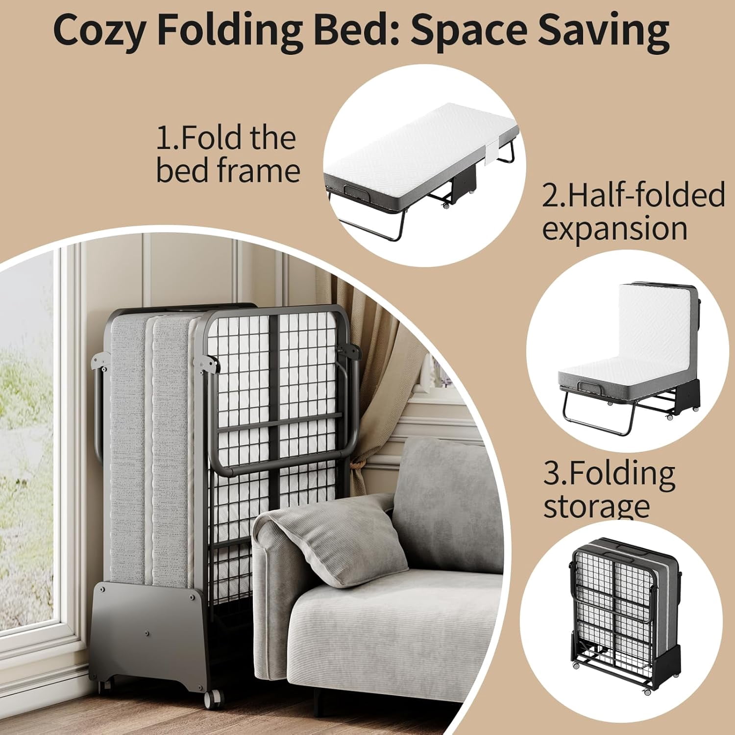 Folding Bed with Mattress - 75"x31"Twin Size Frame - Portable Rollaway Guest Bed with 5-inch Memory Foam Mattress - Space-Saving Foldable Design for Easy Storage (75"×31")