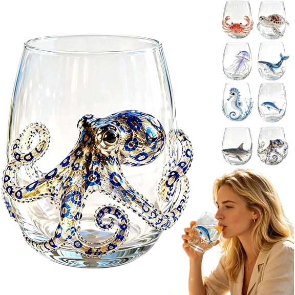 Artisanal Blue Ringed Octopus Glassware, 3D Octopuses Stemless Wine Glasses, Handcrafted Marine Animal Bar Glass for Coastal Home Decor Ocean Lovers (octopus)