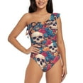 thumbnail image 2 of Picia colorful Skull rose Pattern Women's One Piece Swimsuits,One Shoulder Swimwear Asymmetric ,Ruffle Monokinis Bathing Suits,High Waisted Flattering Bathing Suits-XX-Large, 2 of 8