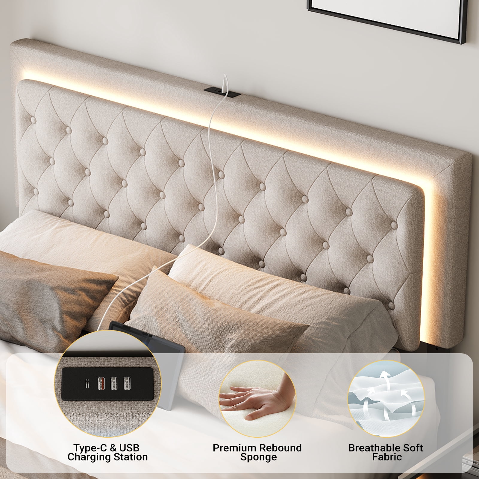 Bed Frame Queen Size with Sliding Barn Door Storage Cabinets,Headboard and LED Light,Solid Wood Slats Support,Noiseless,(Off-white)