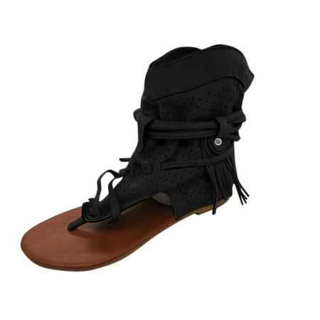 

Women Sandals Retro Fashion Bottom Tassel Hollow Toe Shoes Black 37