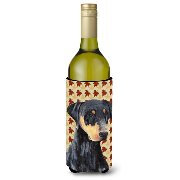 Carolines Treasures SC9217LITERK Doberman Fall Leaves Portrait Wine Bottle Hugger Wine Bottle multicolor