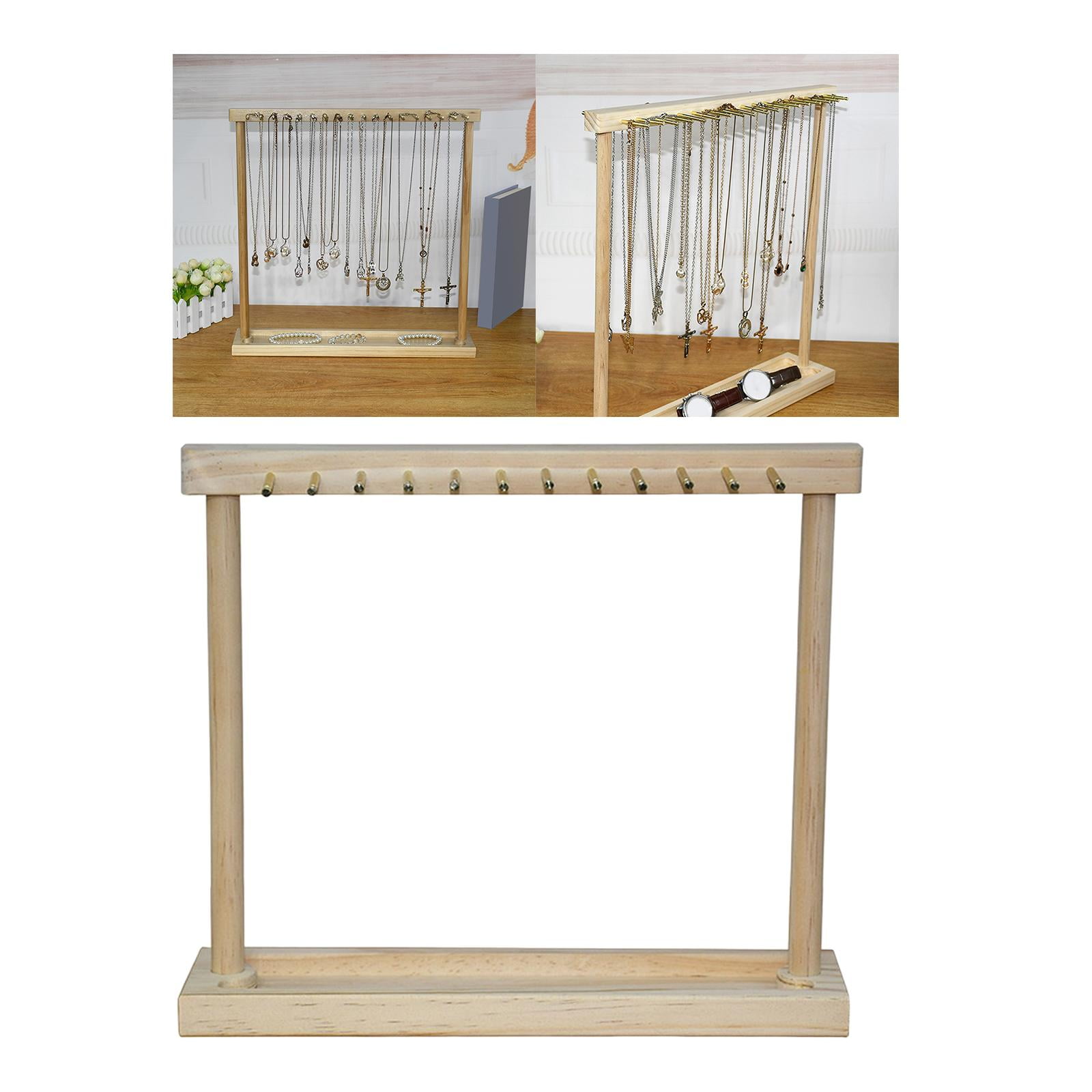 Modern Jewelry Organizer Display Stand, Wood Countertop Necklace Holder Display with Hooks for Pendants Necklace Rings Chains Storage Rack 12 Hangers