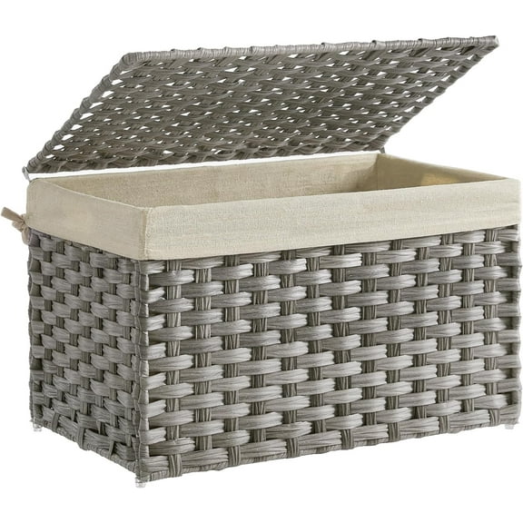 Storage Basket with Lid, 17.2 Gallon Storage Bin, Woven Blanket Storage Basket with Handles Removable Liner for Bedroom, Laundry Room, Gray