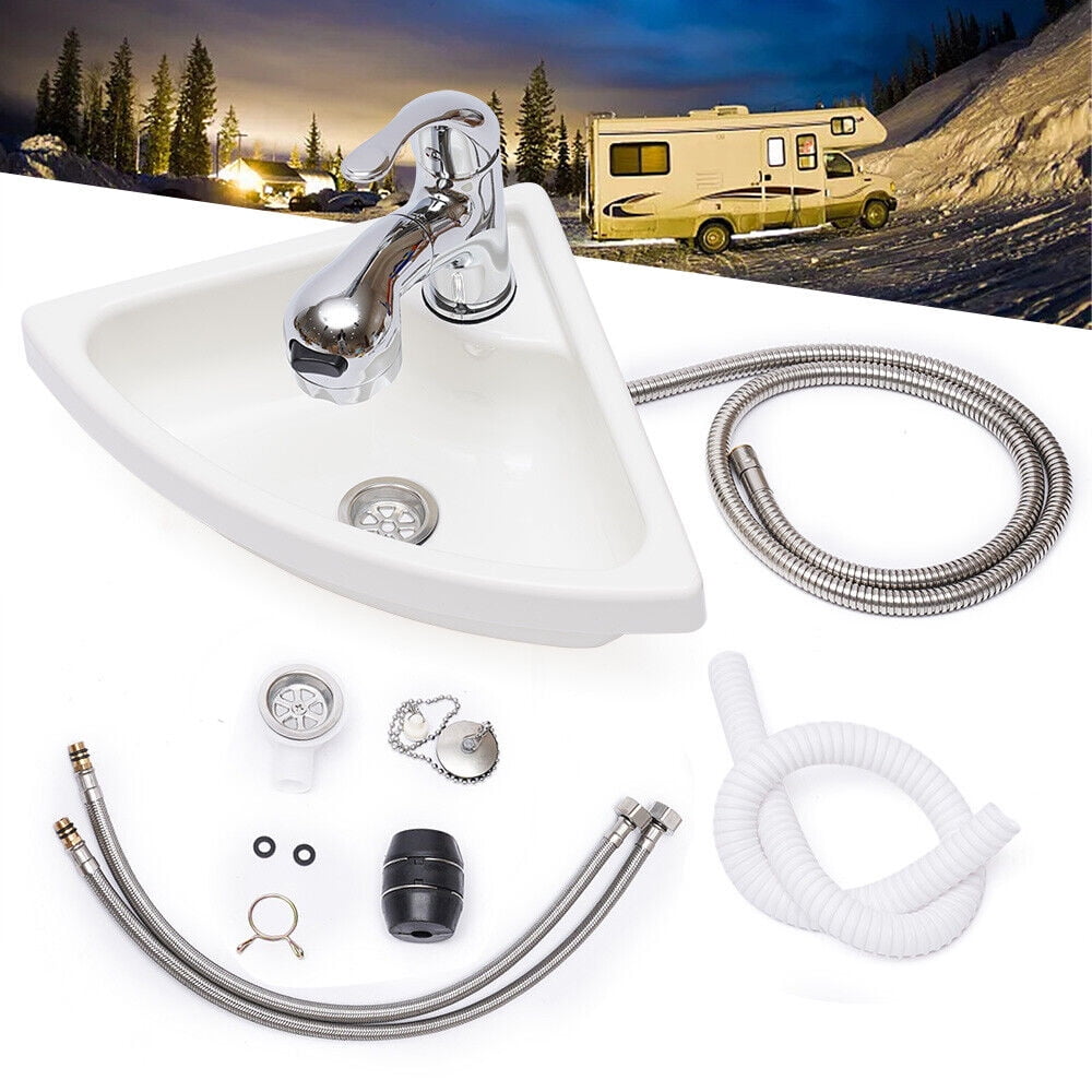 Wall Mount Corner Bathroom Sink White Acrylic Triangle Sink With Faucet Vanity Single Bowl Sink for Boat Caravan Rv Camper Kitchen Bathroom Lavatory