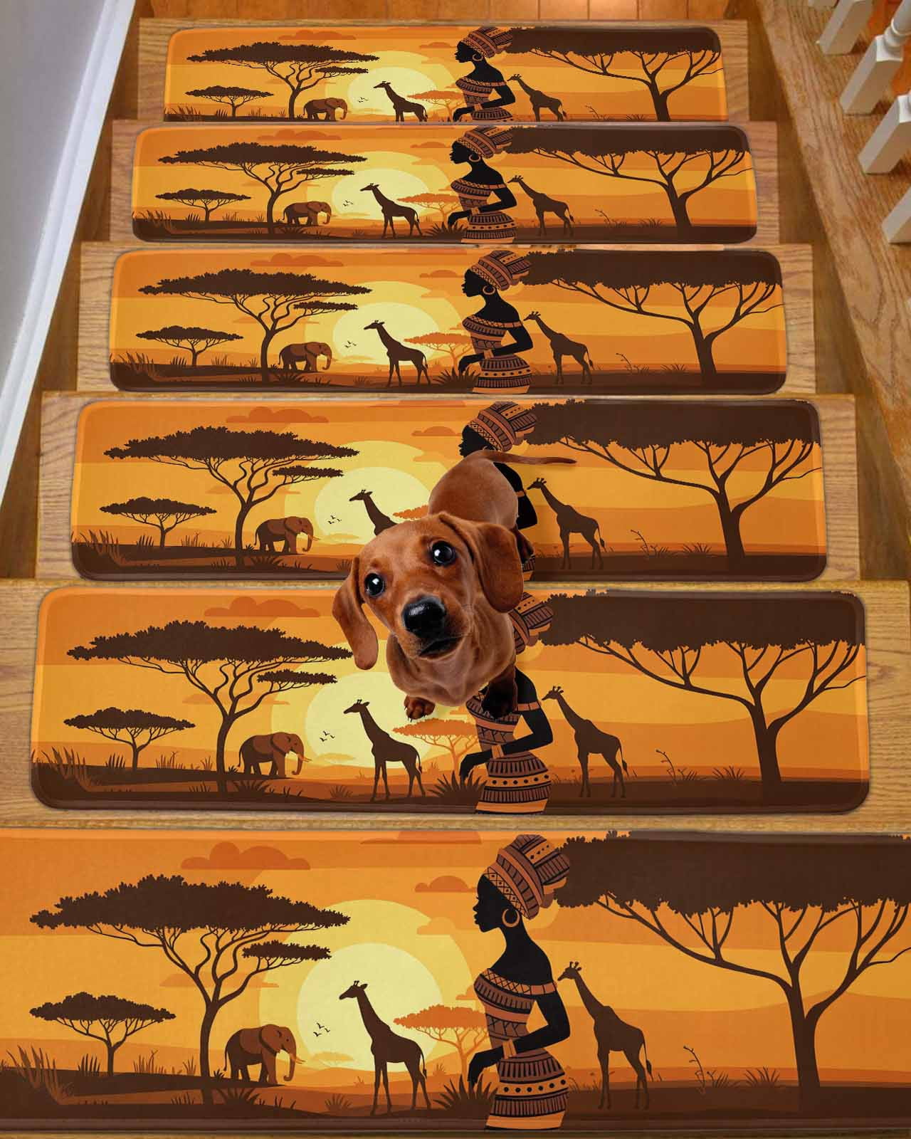African Black Women Stair Treads for Wooden Steps Indoor Runner Rug Carpet, Vintage Africa Ethnic Tribal 10 Pieces Peel and Stick Staircase Step Treads Covers Washable Throw Door Mats, 30"x8"