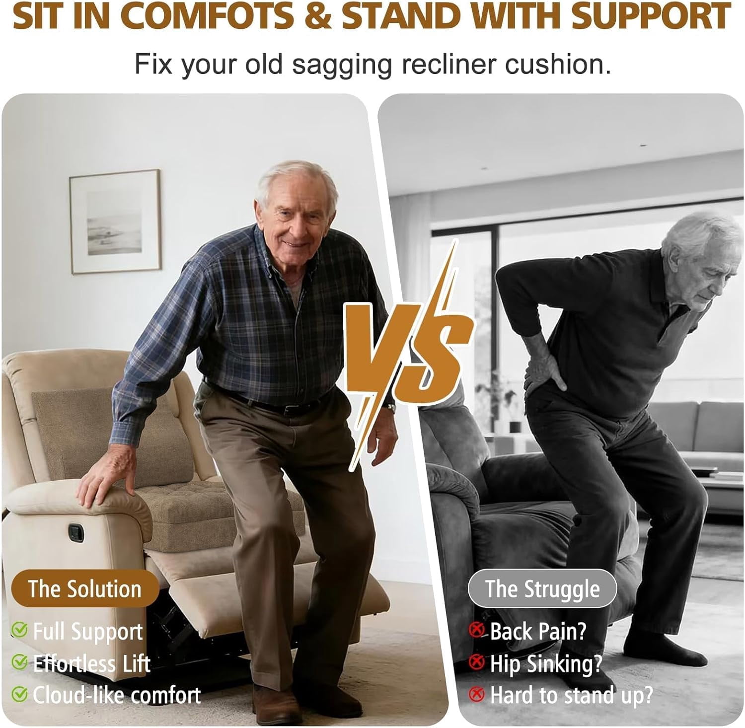 Recliner Cushion for Elderly with Lumbar Support Pillow - 20x20x5 Inch Extra Thick Recliner Seat Cushion for Seniors Relief Back Pain and Tailbone Pain from Long Sitting Non-Slip Bottom Brown