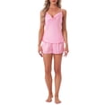 thumbnail image 2 of INSPIRE CHIC Women's Pajama Sets Satin Curved Crisscross Back Cami Spaghetti Strap Cowl Neck Silky Split Shorts Set L Pink, 2 of 6