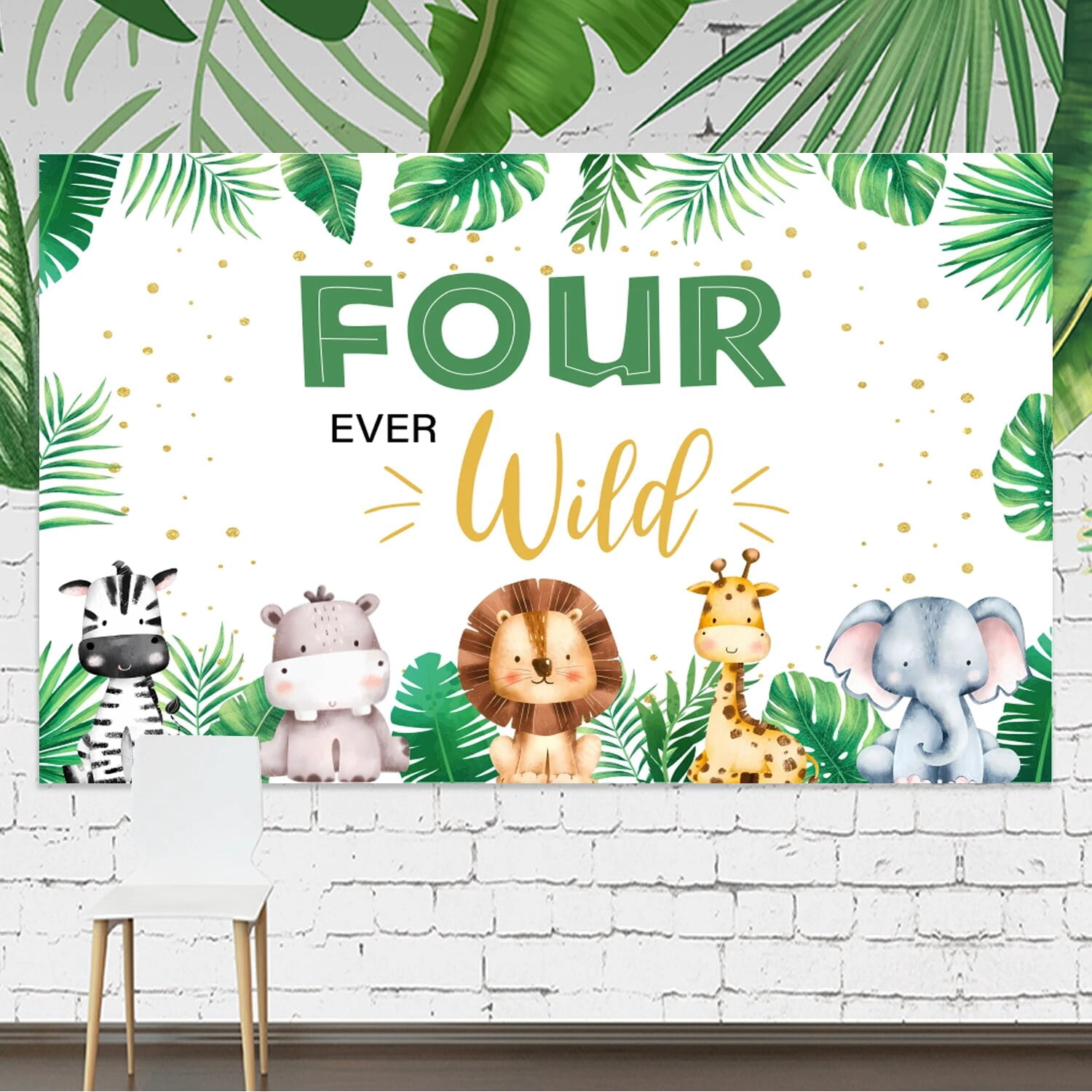 Jungle Theme 4th Birthday Decorations Kit - Sage Green Balloon Arch, Four Ever Wild Backdrop, Animal Foil Balloons