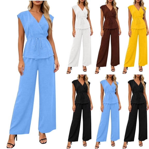 VBVC Women's Wrap V-Neck 2 Piece Pants Set, Ladies' Tie Waist Top and Wide Leg Trousers Outfit, Casual Sleeveless Workwear For Women,Black,S-2XL