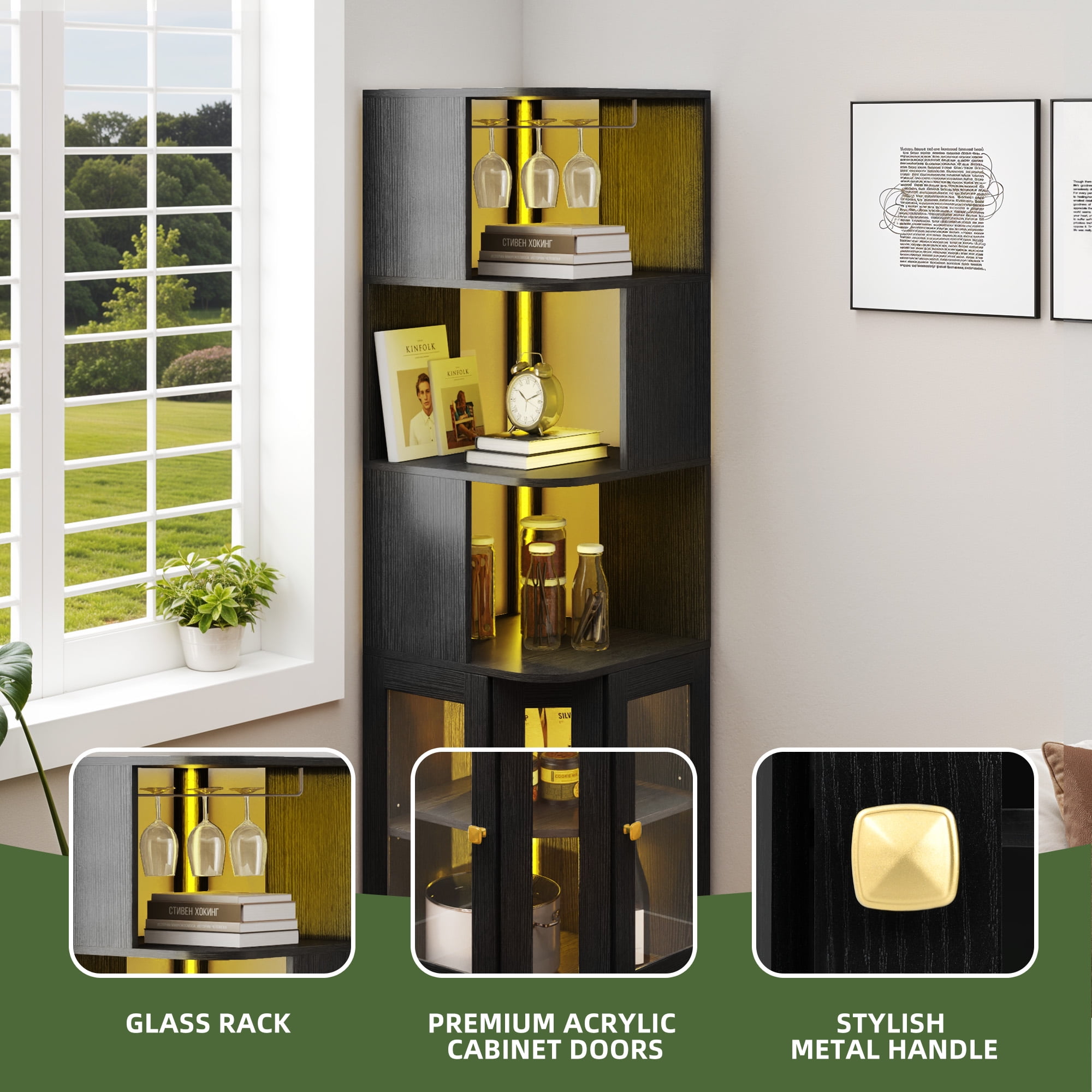 Uforic 5 Tier Corner Bar Cabinet with LED Lights & Glass Holder, Storage Cabinet with Door and Shelves, Black