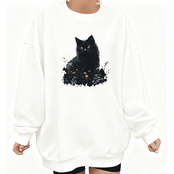 White Black Cat Floral Graphic Print Sweatshirt S-3XL Crew Neck Animal Casual Tops