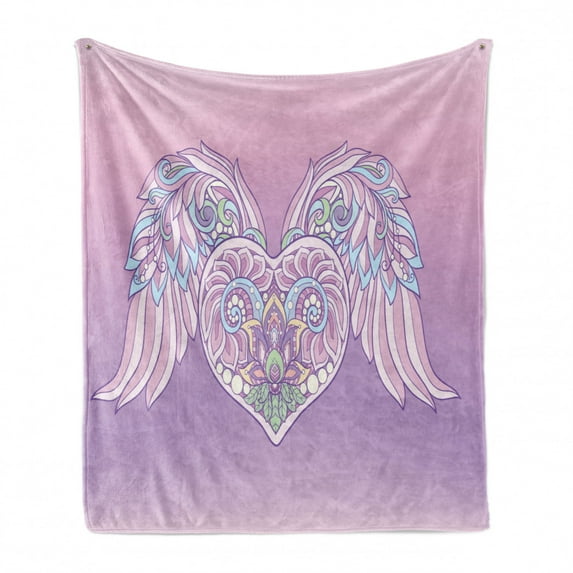 Angel Wings Soft Flannel Fleece Blanket, Ornamental Heart with Feather Wings Boho Pastel Romance Marriage Theme, Cozy Plush for Indoor and Outdoor Use, 50" x 60", Lavender Baby Pink, by Ambesonne