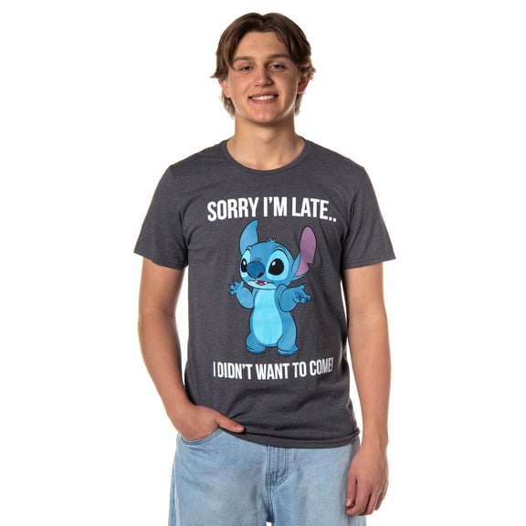 Lilo & Stitch Mens' Sorry I'm Late Graphic Print Adult Short Sleeve T-Shirt