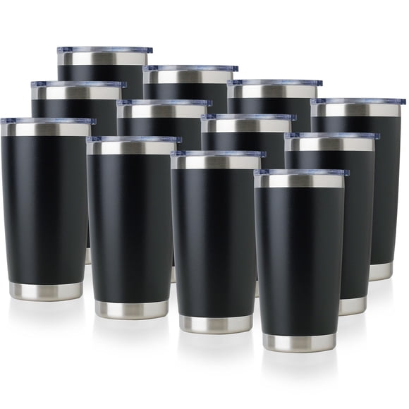 DOMICARE Gobelet en Acier Inoxydable 20oz en Vrac avec Couvercle, Tasse de Voyage à Double Paroi Isolée sous Vide, Tasse à Café Enduite de Poudre, Noir Poudre, Lot de 12