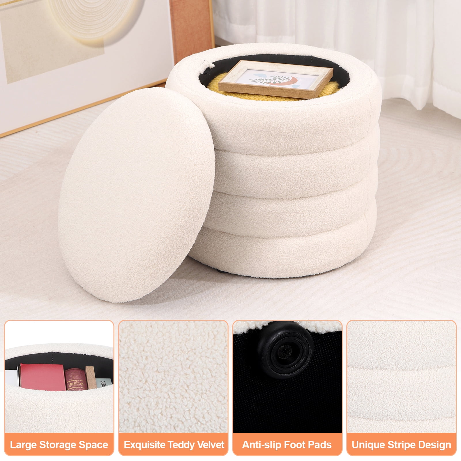 19" Round Storage Ottoman Sherpa Foot Rest Footstool Upholstered Storage Stool Seat White