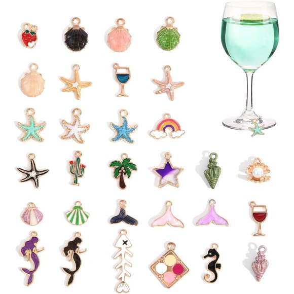 Hysgscwd 30 Pcs Marqueurs pour Verres à Vin, Marqueurs pour Verres à Vin, Marqueurs pour Boissons de Plage, Anneaux en Émail Allié pour Décoration de Fête d'Anniversaire et de Célibataire
