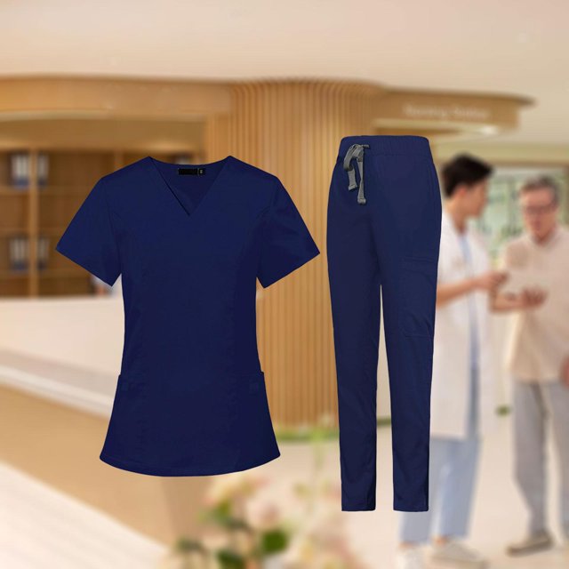 Conjunto exfoliante de uniformes de enfermería con bolsillos, pantalones es de enfermera, conjunto exfoliante femenino, ropa de trabajo cómoda Azul oscuro XS