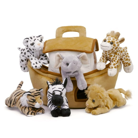 Arche de Noé en Peluche avec Animaux - Six (6) Animaux en Peluche (Lion, Zèbre, Tigre, Girafe, Éléphant et Tigre Blanc) dans une Mallette de Transport pour Arche de Jeu