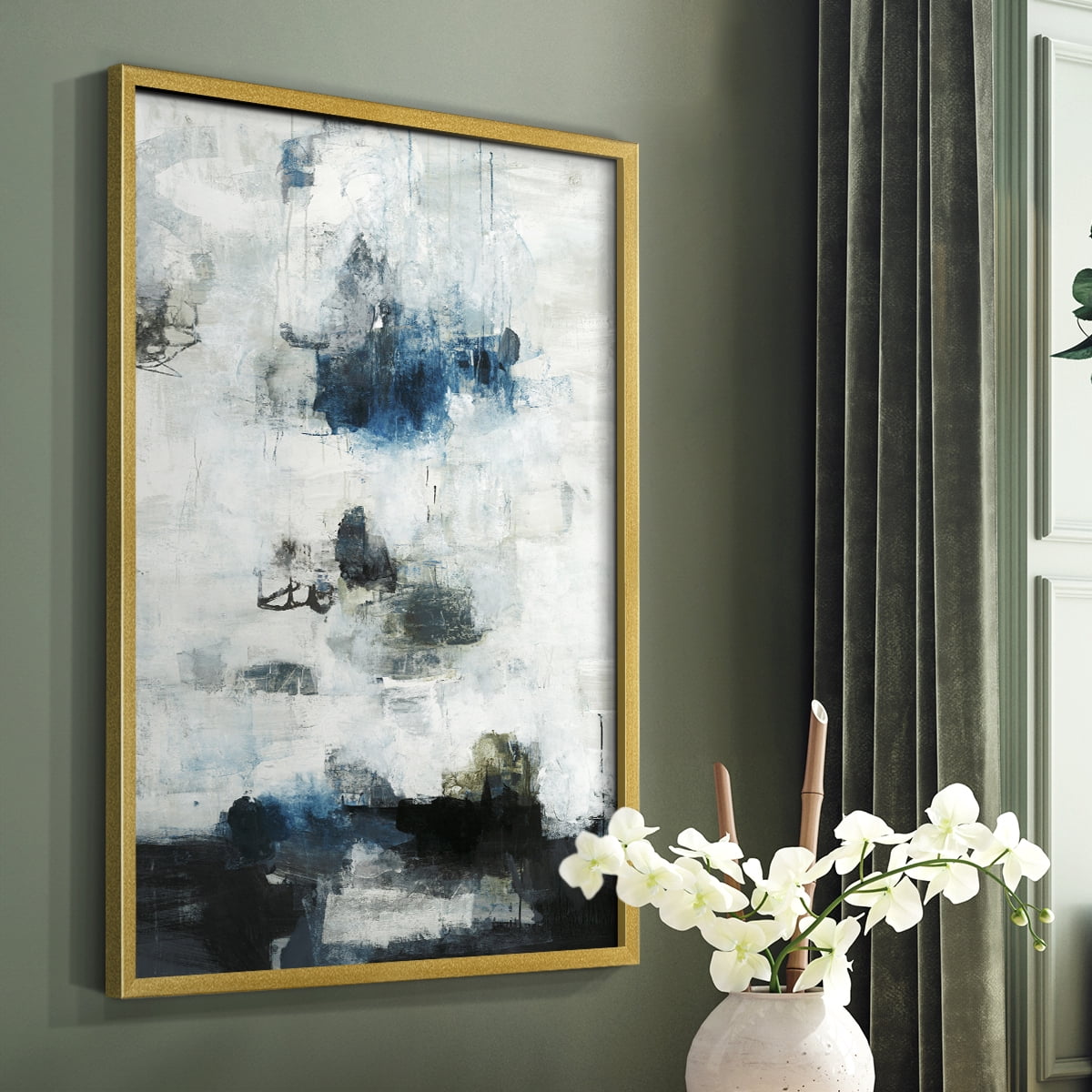 Black & Blue Framed Print in Gold Solid Wood Framed Print No Nail Hanging