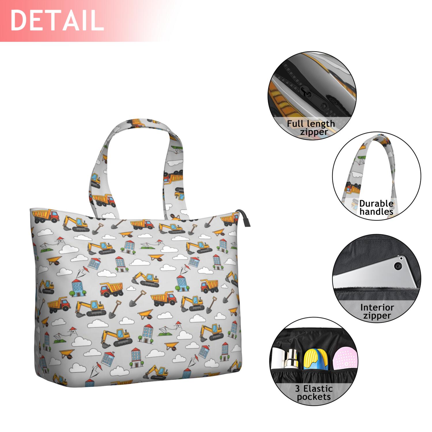 Cartoon Construction Vehicles Buildings Travel Tote Bags for Women Carry On,Large Weekender Bags for Women Travel,Multi Functional Duffle Bag for Work,Shopping,Sports