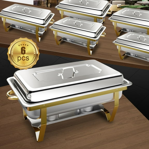 PRIJESSE 6 Pack Chafing Dishes for Buffet Set, Stainless Steel Catering Chafers, Serving Food Warmer with Lid, gold full pan