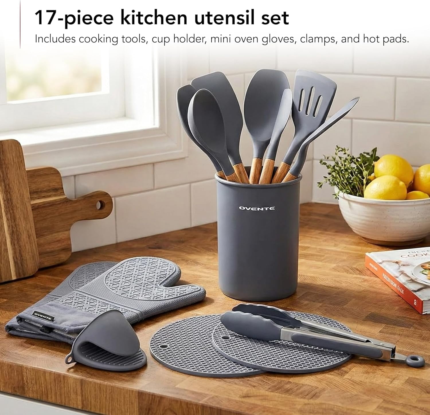 OVENTE Silicone Cooking Utensils Set, 17pcs, Heat Resistant, Grey SPS17G | Kitchen Tools and Gadgets for Nonstick Cookware, BPA-Free Spatula Set with Wooden Handle, Cup Holder, Oven Gloves & Hot Pads