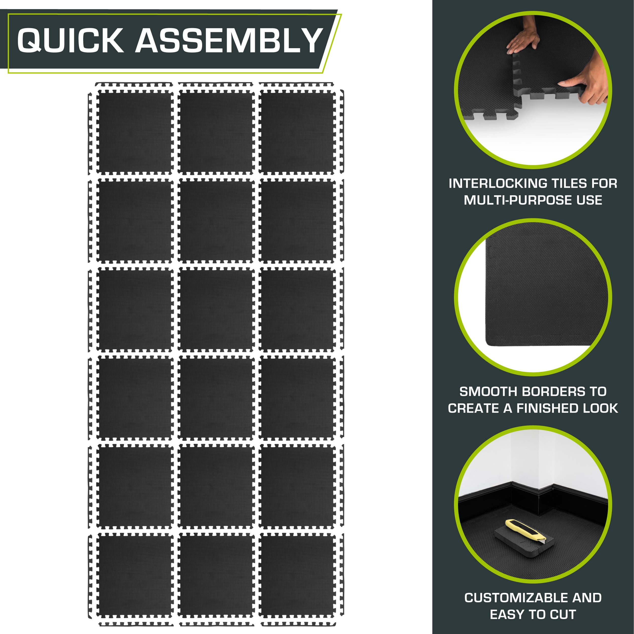 ProsourceFit Exercise Puzzle Mat 1-in, Black, 72 Sq Ft - 18 Tiles