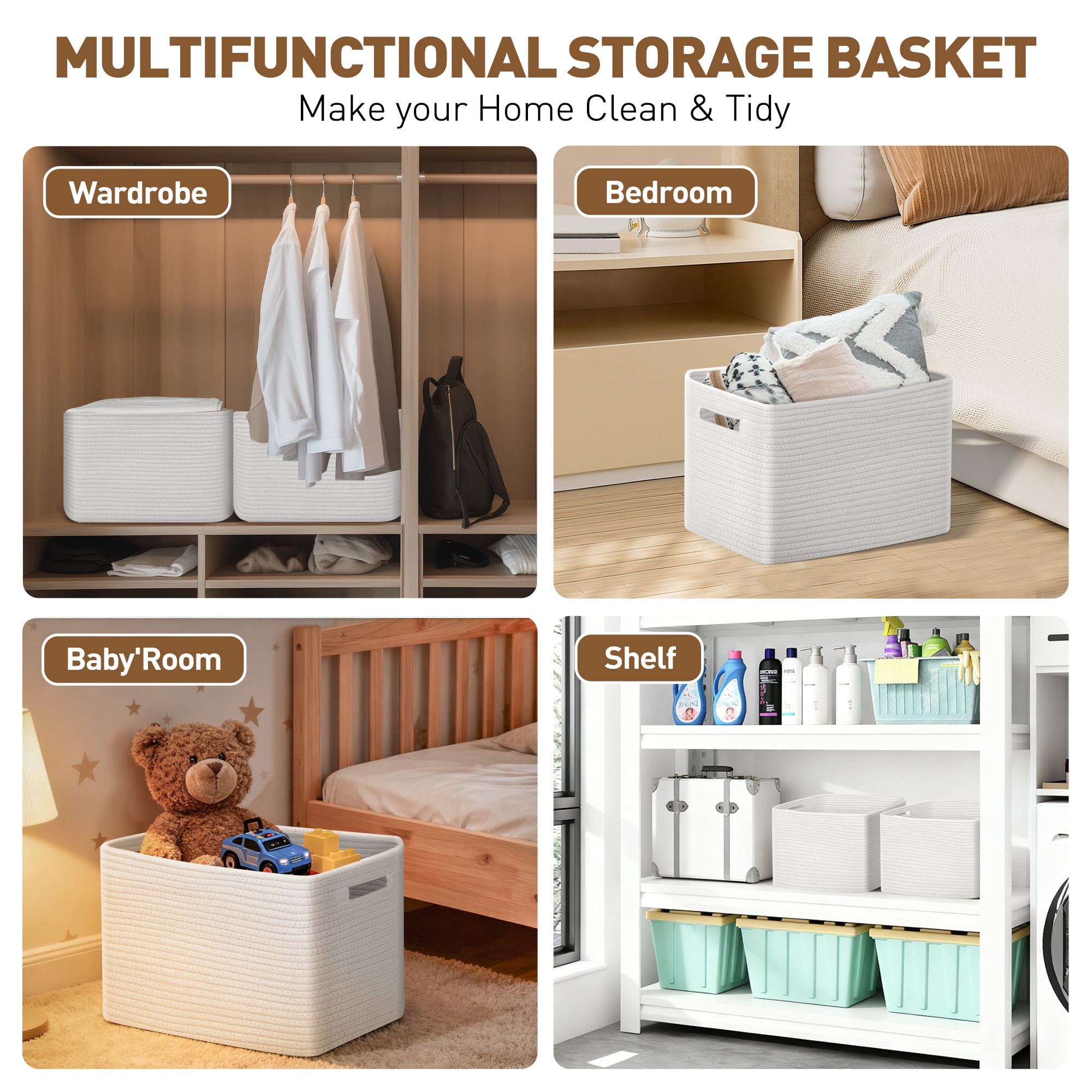 XUEYU 3 Pack Woven Baskets , 11”x11”x9” Cotton Rope Baskets, 18L Blanket Baskets for Storage, Cube Bin Square Shelves Organizer, Toy Basket or Storage Bins for Living Room, Baby Nursery(White)