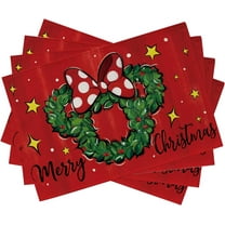 Merry Christmas Mouse Wreath Placemats Set of 4, Xmas Polka Dot Bow Holly Berry Red Dining Table Place Mats, Star Holiday Kitchen Decor Party Home Decoration 12 x 18 Inch