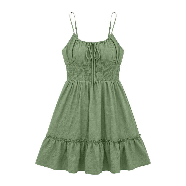 Haiming Women's A Line Mini Dresses Tiered Ruffle Spaghetti Strap Solid Color Classic Elegant Sundress Summer Beach Vacation Dress, Size: Small, Green