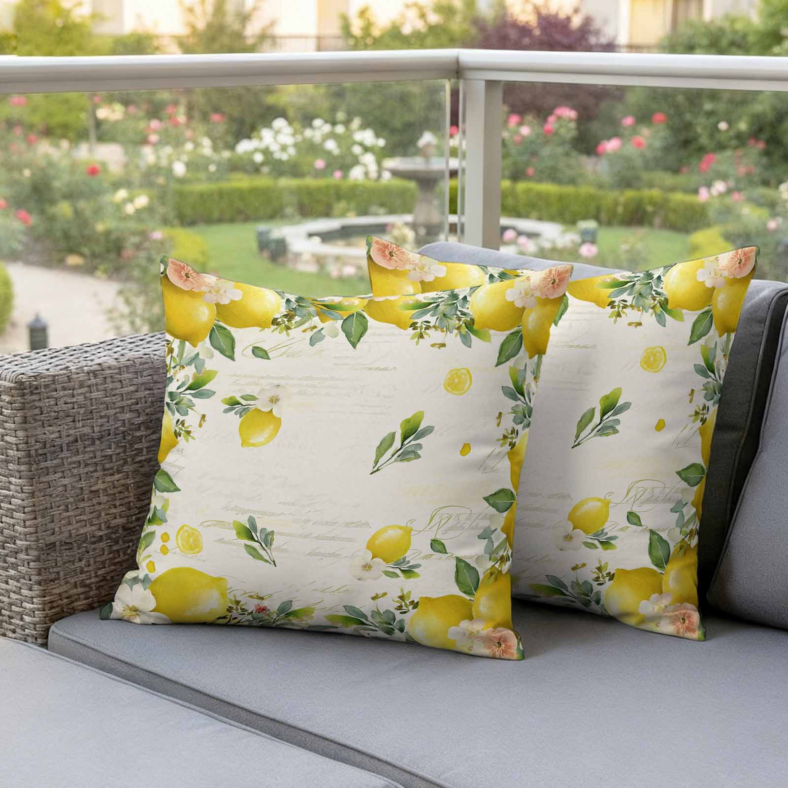 Vintage Lemon Outdoor Waterproof Pillow Covers, Summer Fruit Rustic Botanical Floral Decorative Square Throw Pillowcase Sofa Cushion Sham for Patio/Couch/Chair, 16"x16" 2 Pack