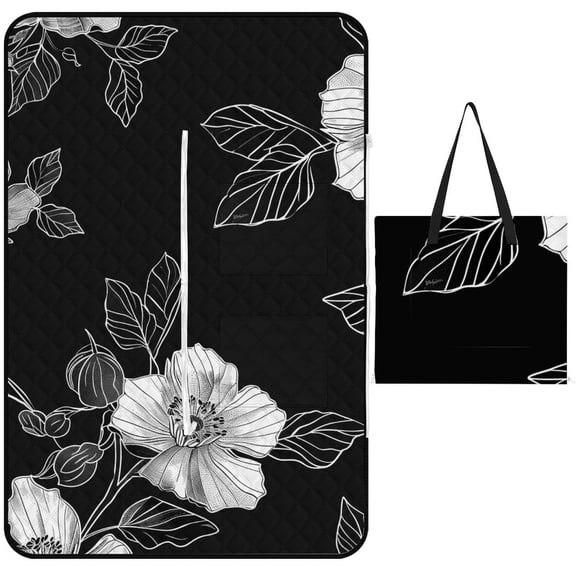 Black And White Ink Flower Picnic Blanket Waterproof Outdoor Beach Blanket Hand-held Pad Suitable for Travel, Camping, Beach, Family Gatherings