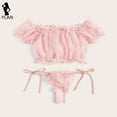 thumbnail image 4 of Conjunto de sujetador de malla Sexy para mujer, ropa interior con volantes y hombros descubiertos, sujetadores transparentes con puntos bonitos, Tanga de vendaje, lencería íntima, 4 of 5