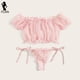 thumbnail image 4 of Conjunto de sujetador de malla Sexy para mujer, ropa interior con volantes y hombros descubiertos, sujetadores transparentes con puntos bonitos, Tanga de vendaje, lencería íntima, 4 of 5