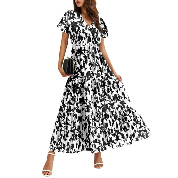 Women's Bohemian Floral Maxi Dress, Short Sleeve V-Neck Summer Casual Flowy Long Dress for Beach, Party, Vacation,Black L