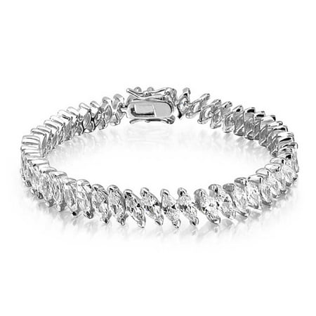 Bridal Clasp Bracelet - Bridal Wedding Tennis Bracelet Marquise CZ Rhodium Plated Brass 6.75 Inches Safety Clasp