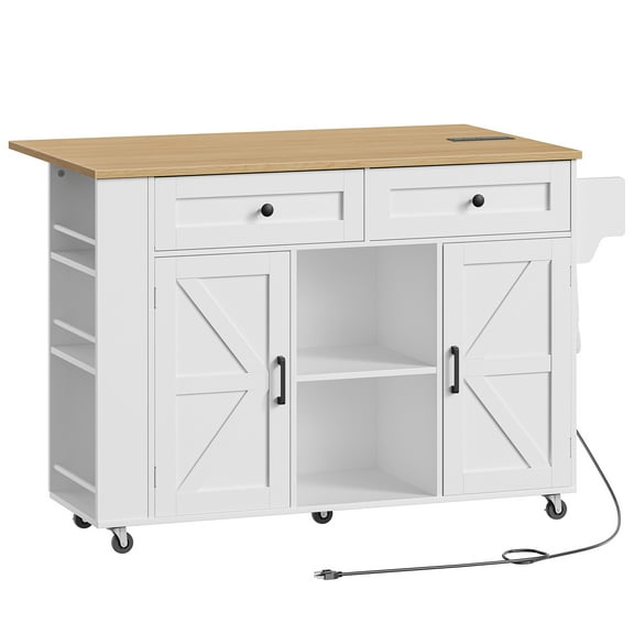 HOOBRO Rolling Kitchen Island with Drop Leaf Bar Countertop & Power Outlet, Farmhouse Island Cart with Storage, 47" Kitchen Island Cart with Side Spice Rack & 2 Drawers, White and Natural WN35UZD01