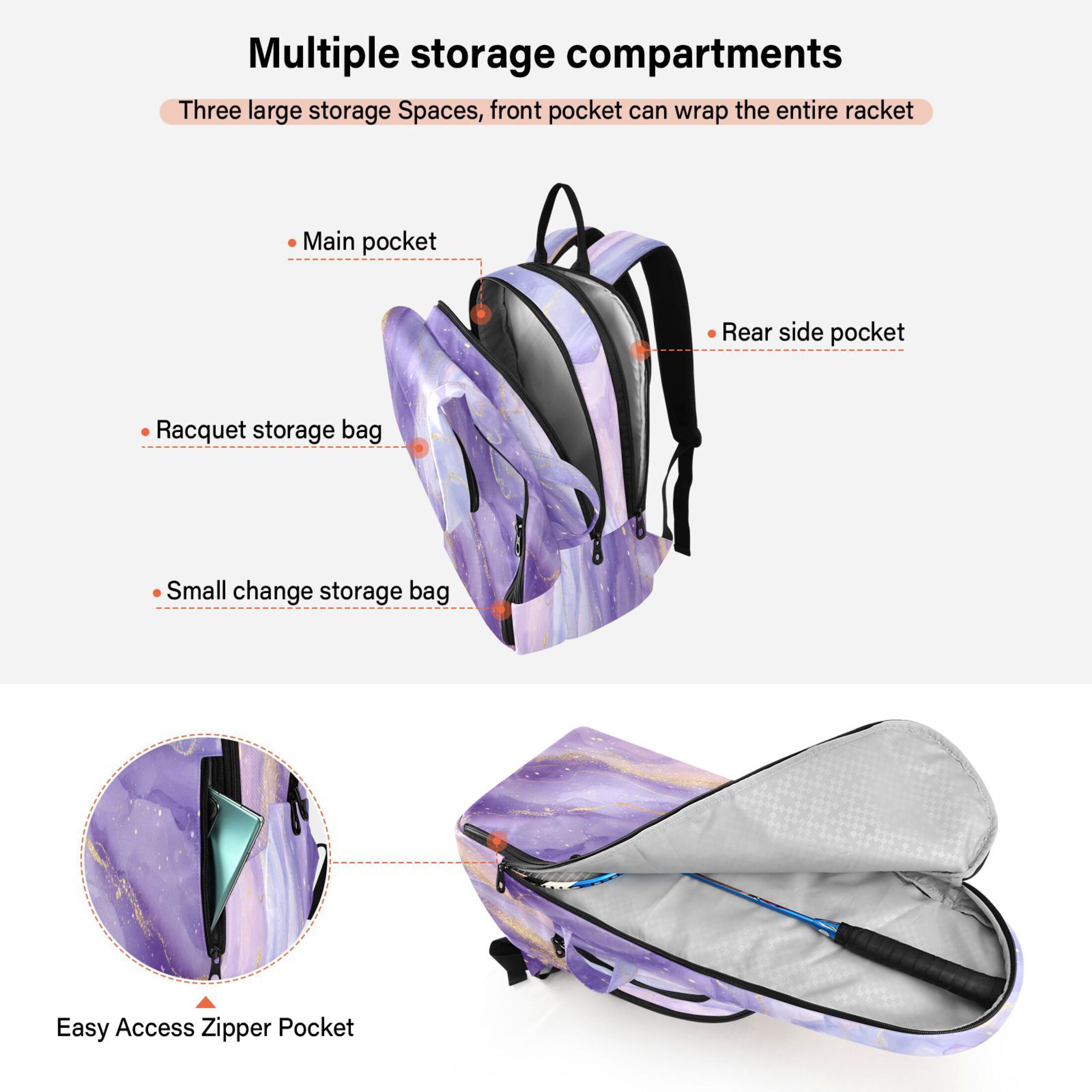 2 Racquet Holder Tennis Backpack Tennis Racket Covers Gym Bags Soft Purple Marble Vortex