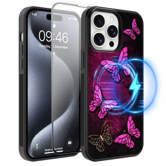 Anniamy Magnetic for iPhone 15 Pro Max Case, [Compatible with MagSafe] Purple Butterfly Nebula Space Design Phone Case with Screen Protector Hard PC Soft TPU Bumper Protective Cover for Women
