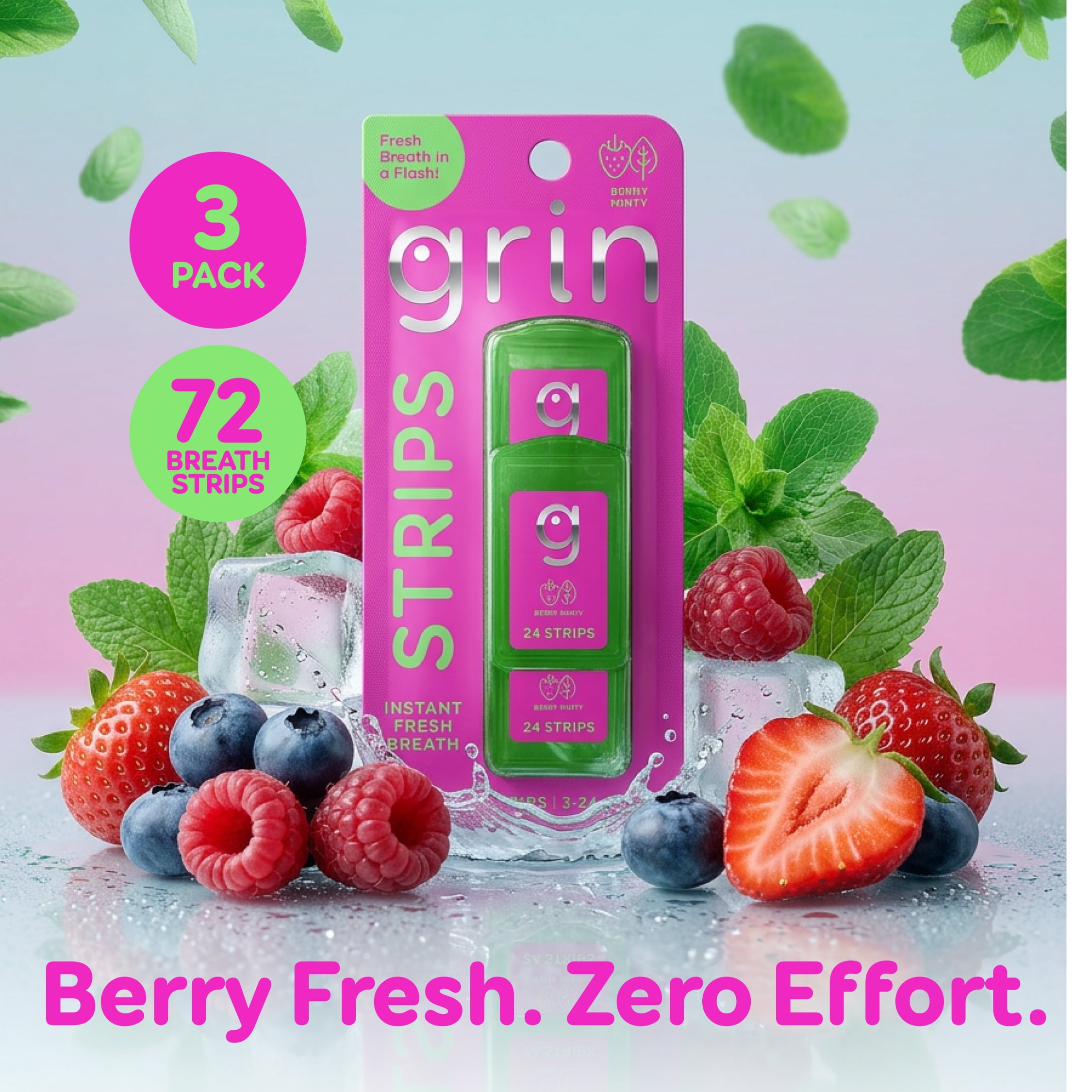 Grin Strips Breath Strips, Berry Minty, Instant Fresh Breath, Dissolves Instantly on Your Tongue, Sugar-free and Calorie-free, No Artificial Colors, 72 Breath Strips (3-24 Packs), Pocket-Sized Pack