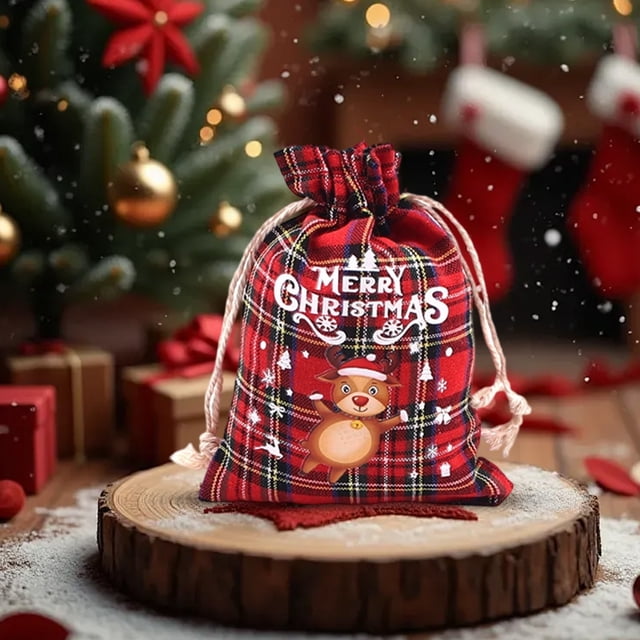 RKSTN Sac à Bonbons Réutilisable en Coton à Carreaux Rouges de Noël avec Poche à Cordon, Sac Cadeau de Fête, Emballage Cadeau
