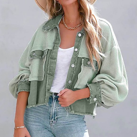cllios Womens Waffle Knit Shirt Jacket Oversized Button Down Color Block Shacket Batwing Sleeve Tops with Pockets