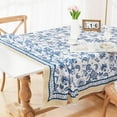 Blue and Yellow Tablecloth, Vintage Blue Floral Table Cloth, Rustic