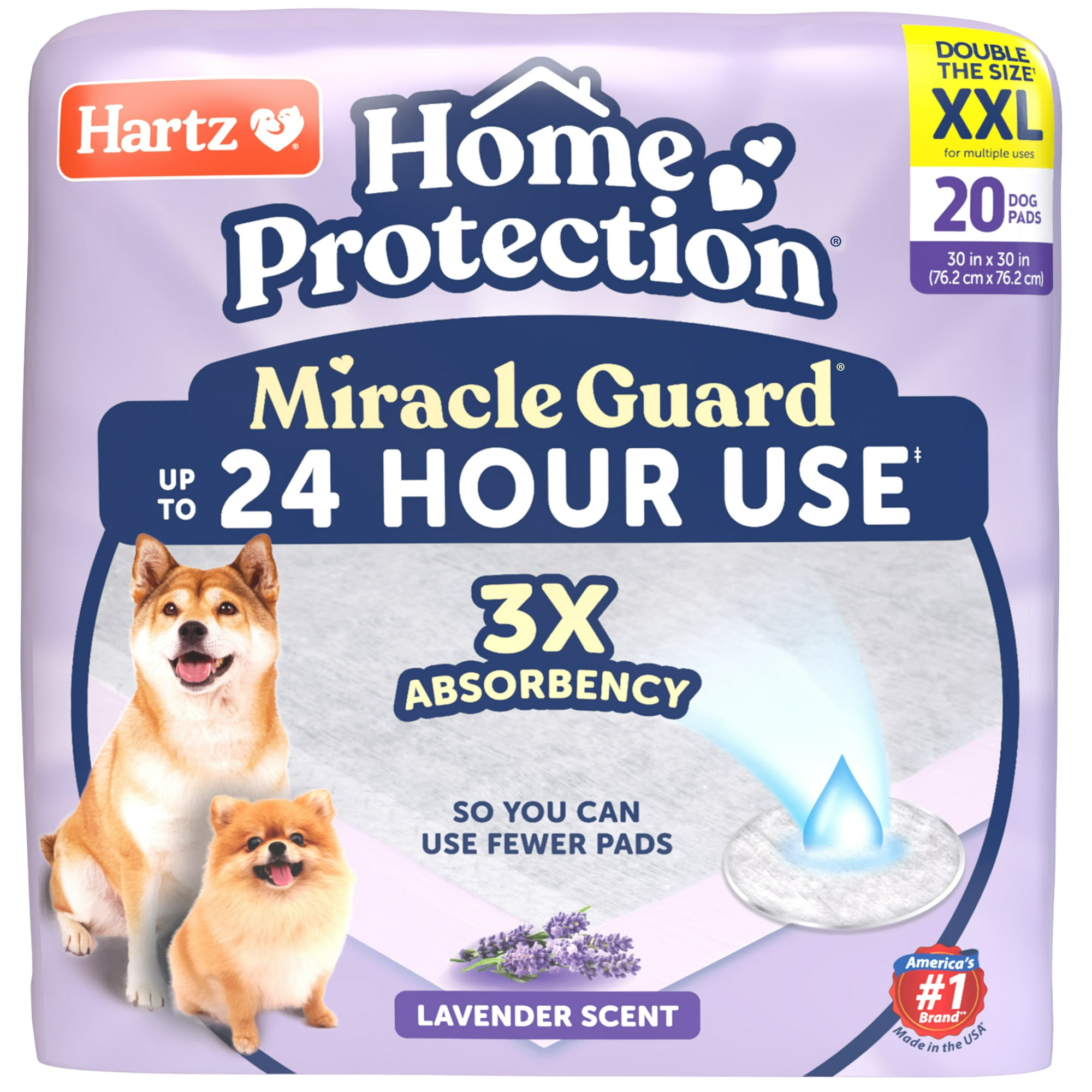 Hartz Miracle Guard Dog and Puppy Pads Max Absorbency 24 Hour Use Odor Eliminating Lavender Scented No Leaks, XXL 20 Count