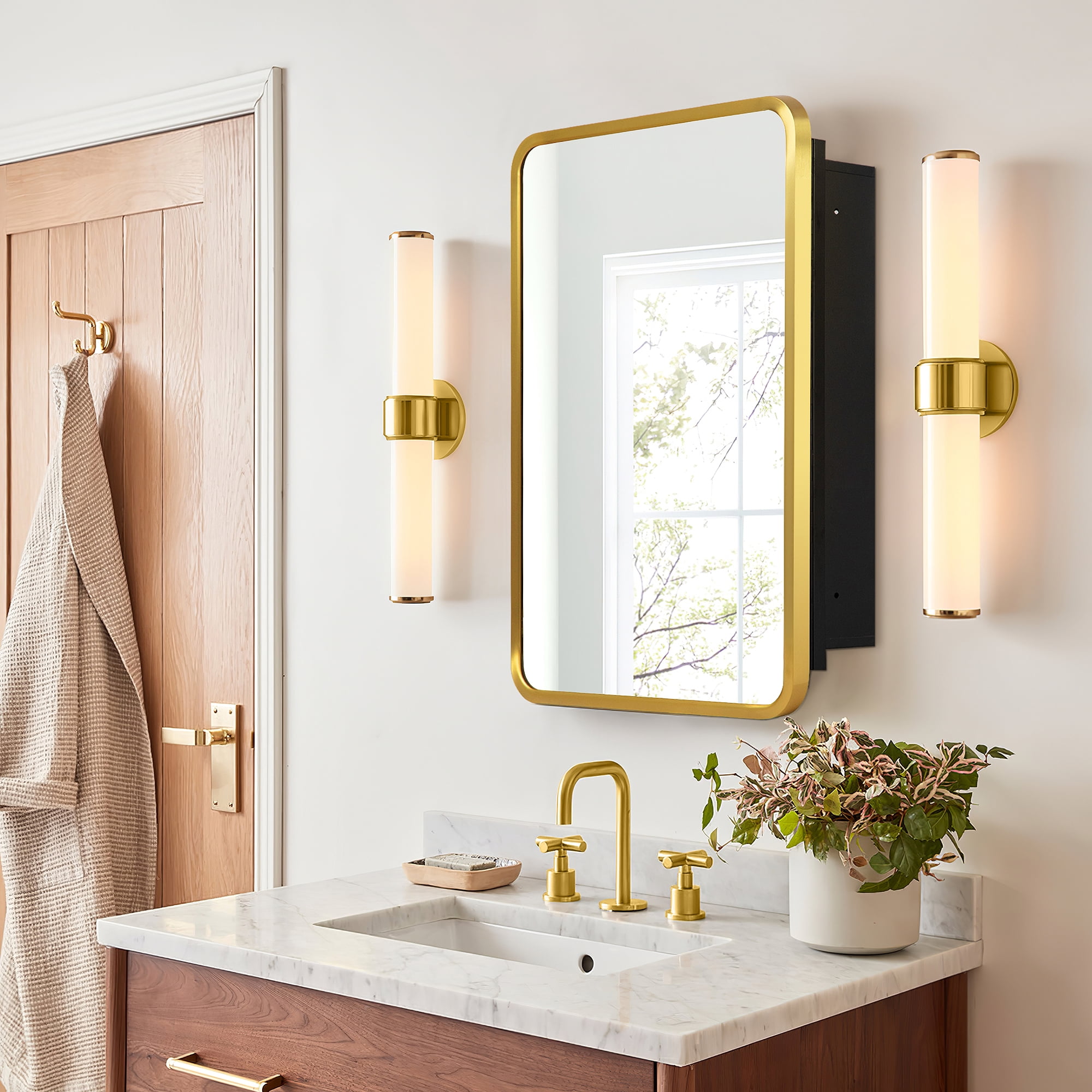MAYEERTY 10"×7" Model B Gold Iron Rectangular Mirror Cabinet Rounded Corners, Chic Storage for Small Bathrooms