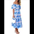 thumbnail image 1 of Vestido Midi Informal de Verano para Mujer, de Corta, Abullonado, con Cuello Cuadrado y Volantes Escalonados Flores Azul XL, 1 of 7
