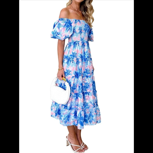 Vestido Midi Informal de Verano para Mujer, de Corta, Abullonado, con Cuello Cuadrado y Volantes Escalonados Flores Azul XL