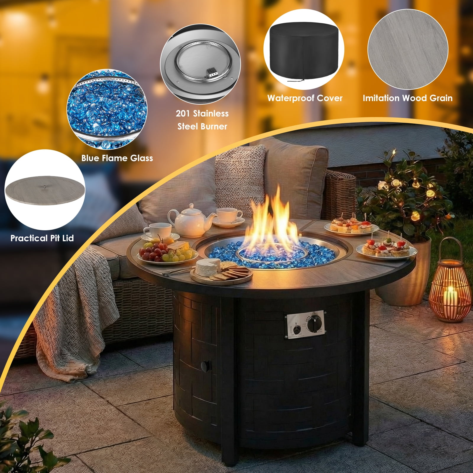TLGREEN 30" Propane Fire Pit Table with Lid and Blue Stone, 50,000 BTU Auto-Ignition Round Gas Fire Pit for Outdoor, Backyard (Gray)