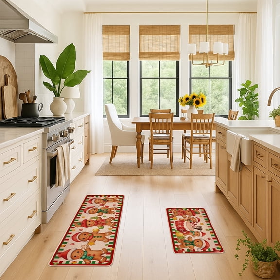 Christmas Kitchen Rugs Set of 2, Christmas Gingerbread Man Kitchen Mats Indoor Home Decor 17x29 & 17x47 inch